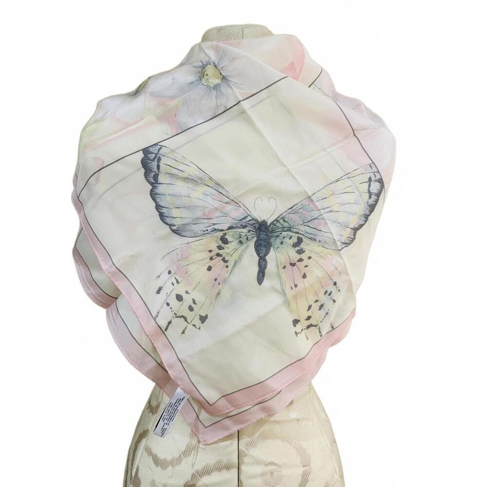 100% Silk Light Pink Butterfly Floral Print Silk Scarf and Breast Cancer Ribbons